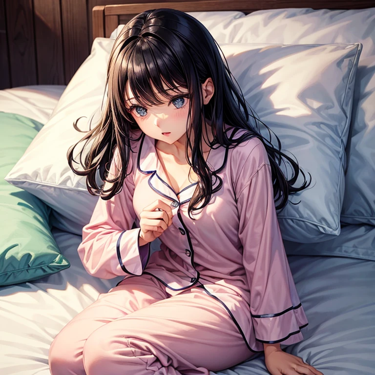 Sleeping girl, 22 years old, realistic, she is wearing pile light purple long pajama, brown hair.