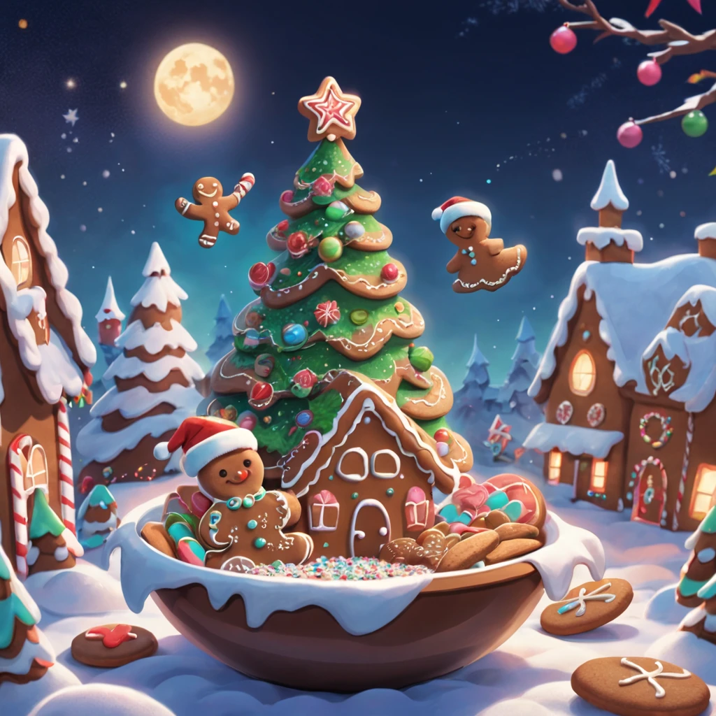 Best quality at best, 8K, A high resolution, tmasterpiece:1.2), ultra - detailed, (actual, realistically:1.37), vibrant with colors, magical ambiance, Whimsical, Sparkling，Fantasy Christmas World, themoon，(Snowy night in Christmas town)，((The middle of the picture，Cute gingerbread man in Christmas hat holding a book and bag of cookies, Pour biscuits into bowl，The chocolate bird lands on the gingerbread man&#39;s head，Christmas elements))，((Christmas tree，Confectionery，Cane sugar，Christmas gifts)), and decorations, Cute design style, natta，Skysky，moon full，Shown in this beautiful scene, vibrant with colors, Surreal, Psychedelic, Complicated details, Beautiful texture, Ethereal, like a dream, Soft glowing light, Charming Patterns, fantastical creature, Hidden surprises, dreamlike landscapes, Surreal color palette, Mystic aura, hyper realisitc, Enchanting journey, psychedelic trip, vivid imagination, immersive experience, mysterious creature, otherworldly charm, glowing paths, Light up a dreamy and beautiful Christmas, surreal sky, Whimsical Christmas elements, a magical encounter, Fascinating artwork