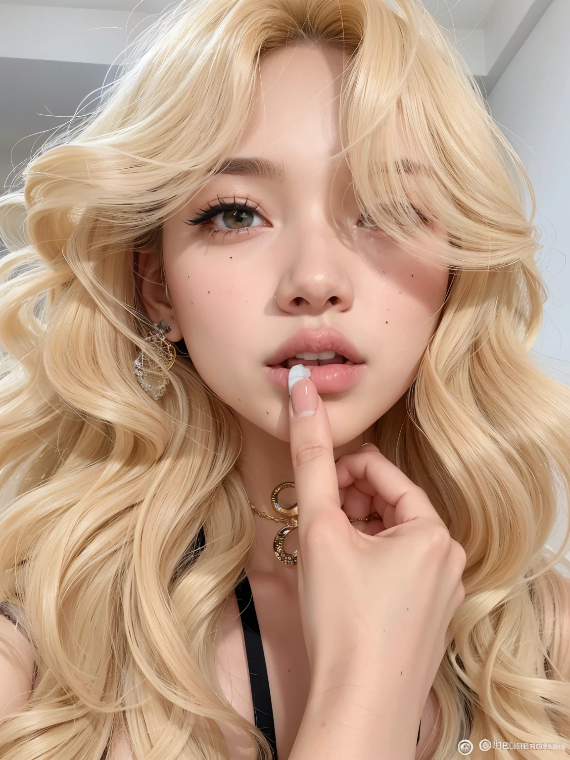 Mulher loira com longos cabelos ondulados e piercings posando para uma foto, ava max, Lalisa Manobal, Retrato de Kim Petras, Parque Roseanne do Blackpink, pale skin curly blond hair, maquiagem sul-coreana popular, Jinyoung Canela, Ulzzang, uma com cabelo loiro, maquiagem coreana popular, Lalisa Manoban do Blackpink