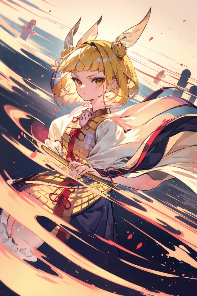 tmasterpiece, Best quality, Tokyo Imperial Palace Mayumi,1 sister,twice as good,Blonde hair,Short hair details,shairband,yellow eyes, short- sleeved,armour, Armor dress, white  shirt,white pantie,Haniwa (statues),greybackground, serious expressions，of clothes，of skirts，Combat armor