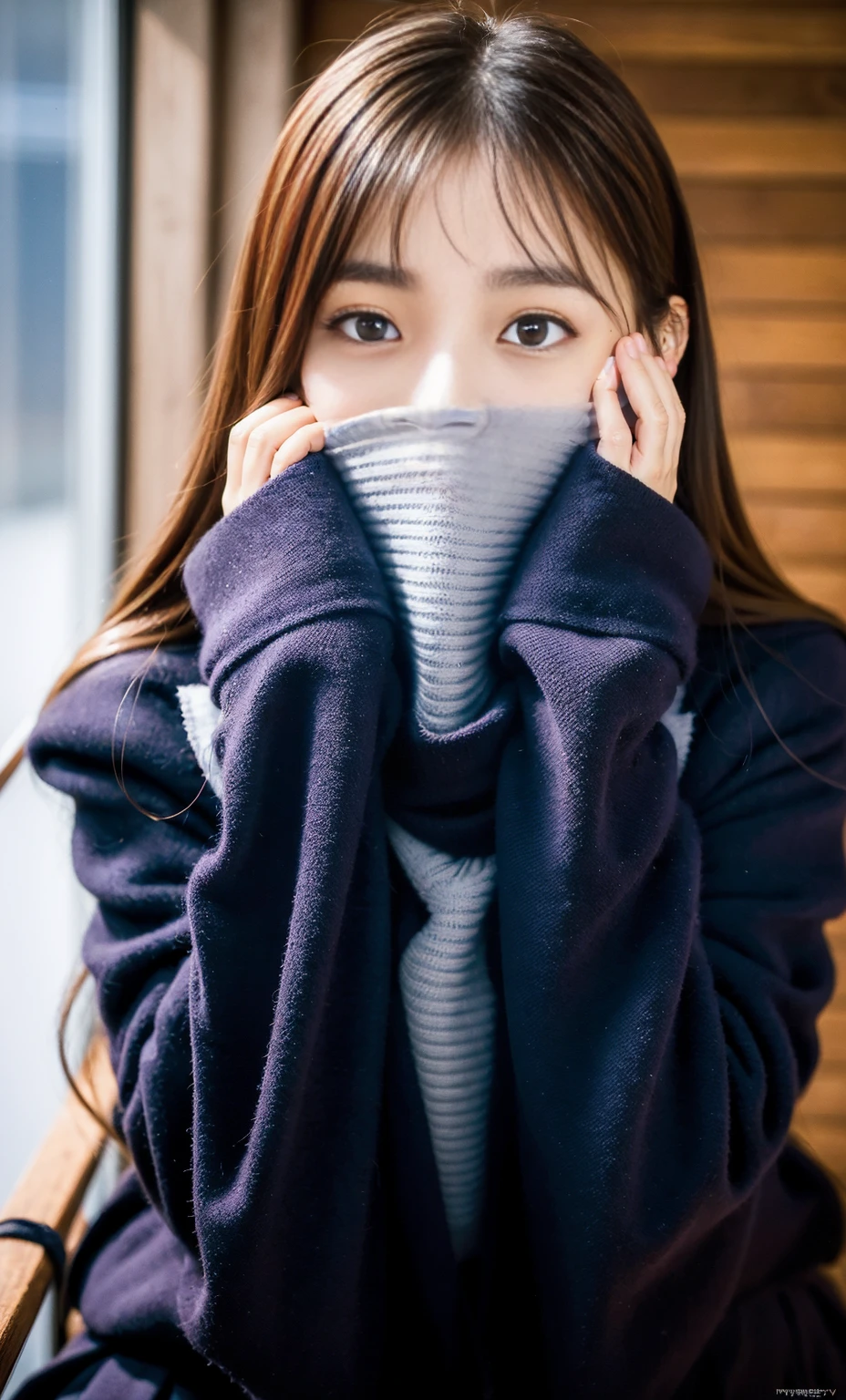 ulzzang -6500-v1.1, (Raw foto:1.2), (Photorealsitic:1.4), a beautiful detailed girl, extremely detailed eye and face, beatiful detailed eyes, Ridiculous, unbelievable Ridiculous, huge filesize, ultra-detailliert, hight resolution, ighly detailed, top-quality, masterpiece, Kemomimi, ((bury your face in your scarf)), (((Japan schoolgirl uniform))), illustratio, ighly detailed, nffsw, unification, 8k wallpaper, astonishing, finely detail, masterpiece, top-quality, Highly detailed ticker uniform 8K wallpaper, face lights、Cinematographic lighting、1girl in、sixteen years old、(witheout panties)、((dynamicposes)))、(camel's toe)、(half)、(Crooked knees and legs sitting))