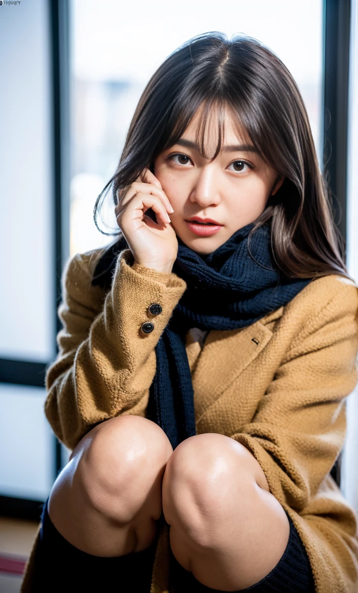 ulzzang -6500-v1.1, (Raw foto:1.2), (Photorealsitic:1.4), a beautiful detailed girl, extremely detailed eye and face, beatiful detailed eyes, Ridiculous, unbelievable Ridiculous, huge filesize, ultra-detailliert, hight resolution, ighly detailed, top-quality, ​masterpiece, Kemomimi, ((bury your face in your scarf)), (((Japan schoolgirl uniform))), illustratio, ighly detailed, nffsw, unification, 8k wallpaper, astonishing, finely detail, ​masterpiece, top-quality, Highly detailed ticker uniform 8K wallpaper, face lights、Cinematographic lighting、1girl in、、(witheout panties)、((dynamicposes)))、(camel's toe)、(half)、(Crooked knees and legs sitting))
