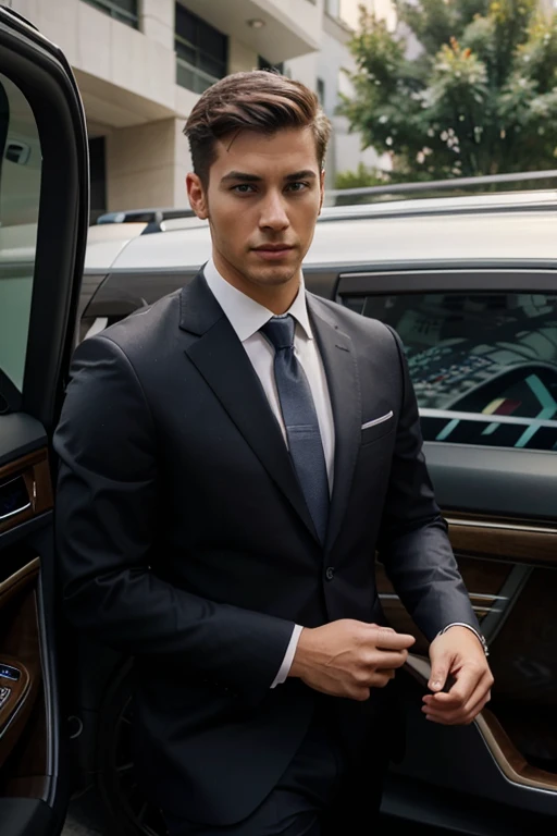 realistic horizontal of a handsome young man wearing business style clothes exiting a luxury car