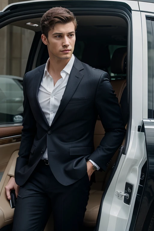 realistic horizontal of a handsome young man wearing business style clothes exiting a luxury car