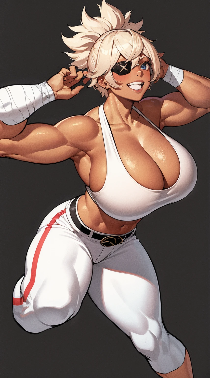 masterpiece, best quality, 1girl, solo, debdia, eyepatch, muscular female, dark-skinned female, huge breasts, cleavage, crop top, white pants, bandages, karate gi, full body, smile