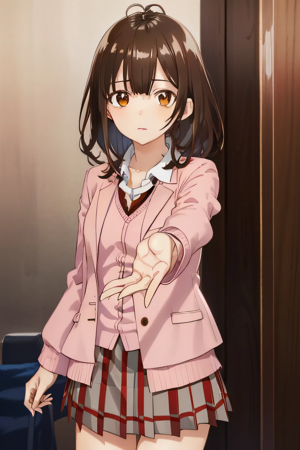 princess connecticui, Yui, bob cuts, (Brown eyes:1.7), Brown hair, Medium Hair,
Break the blazer, Jacket, neck tie, (Pink jacket:1.5), Plaid, plaid skirts, Pleated skirt, red necktie, (Red skirt:1.5), School uniform, Skirt, Tsubakigaoka Prefectural High School Uniform,
BREAK looking at viewer,
Break indoors, crass room,
BREAK (masutepiece:1.2), Best Quality, High resolution, Unity 8k壁纸, (Illustration:0.8), (Beautiful detailed eyes:1.6), extra detailed face, Perfect Lighting, extremely details CG, (Perfect hands, Perfect Anatomy),