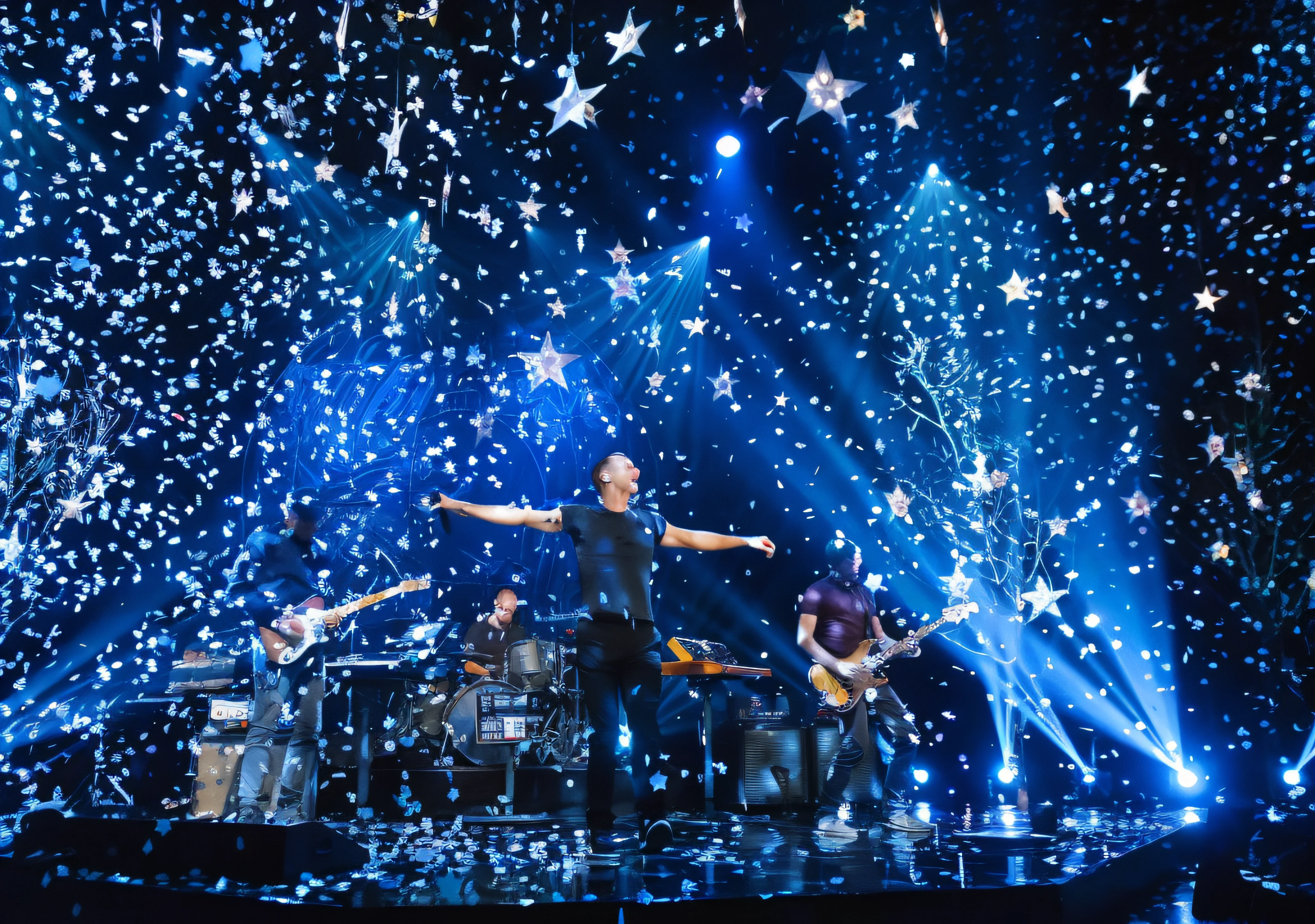 arafed image of a man on stage with his arms outstretched in the air, chris martin from coldplay, !!beautiful!!, by Julia Pishtar, grand finale, glittering stars scattered about, bright light masterpiece, exclusive, breathtaking composition, fantastic composition, photo still, elaborate stage effects, edited, confetti, performing, !!!!!!!!!!!!!!!!!!!!!!!!!, february), happy!!!