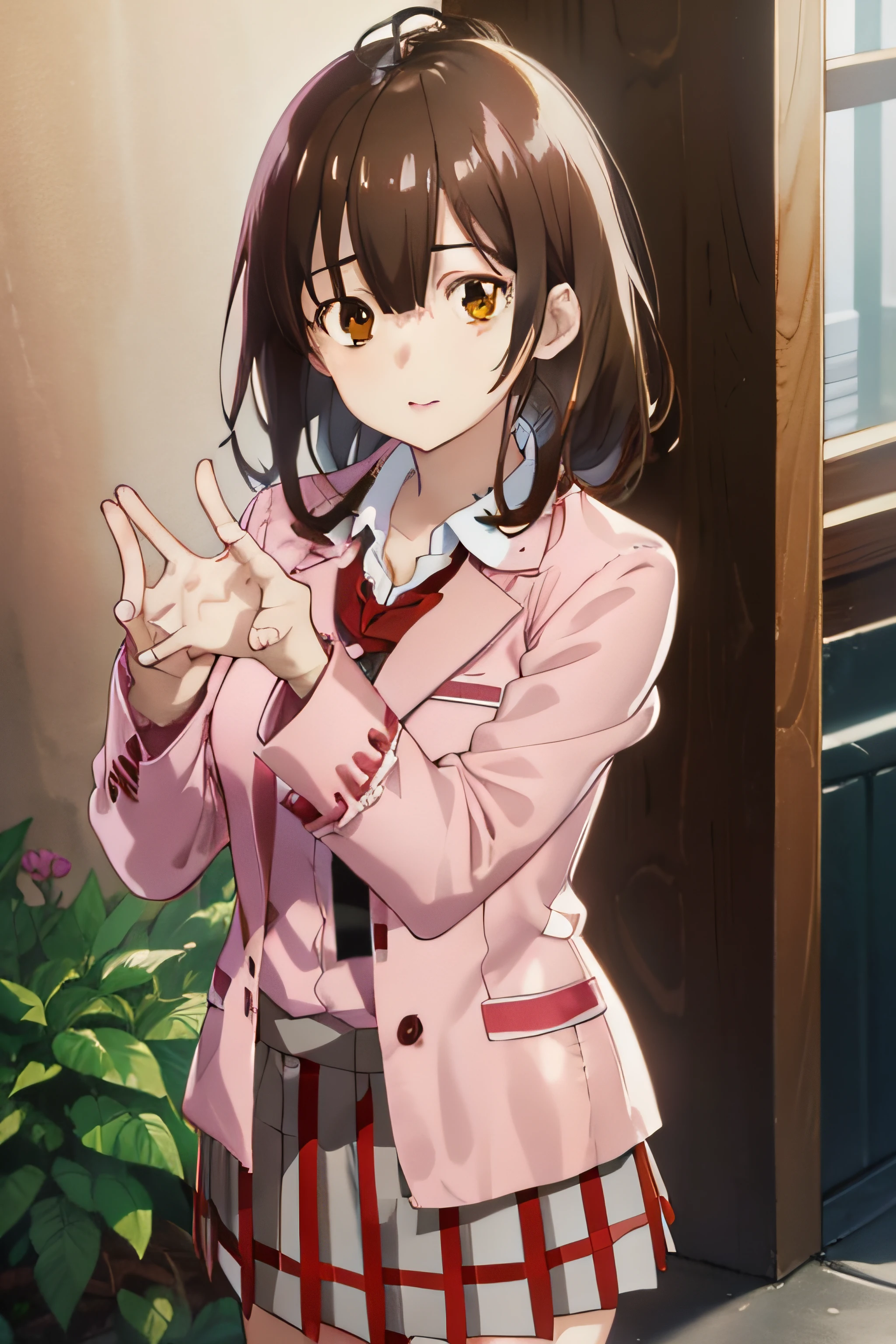 princess connecticui, Yui, bob cuts, (Brown eyes:1.7), Brown hair, Medium Hair,
Break the blazer, Jacket, neck tie, (Pink jacket:1.5), Plaid, plaid skirts, Pleated skirt, red necktie, (Red skirt:1.5), School uniform, Skirt, Tsubakigaoka Prefectural High School Uniform,
BREAK looking at viewer,
Break indoors, crass room,
BREAK (masutepiece:1.2), Best Quality, High resolution, Unity 8k壁纸, (Illustration:0.8), (Beautiful detailed eyes:1.6), extra detailed face, Perfect Lighting, extremely details CG, (Perfect hands, Perfect Anatomy),