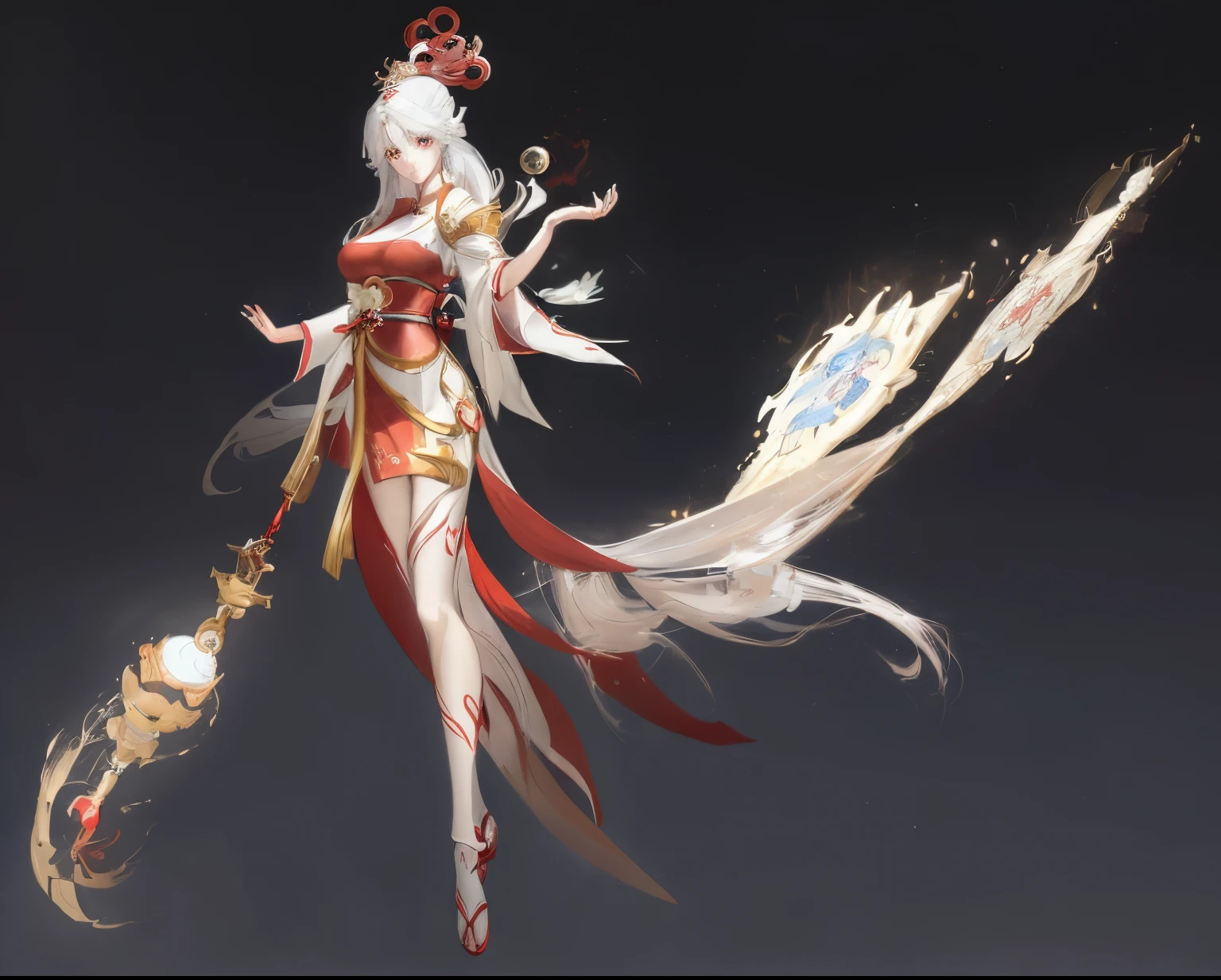 animemanga girl,Long white hair,reddress, Beautiful celestial mage, spirit fantasy concept art, author:Hero, appears as the fire goddess, onmyoji detailed art, full body xianxia, white-haired god, G Liulian art style, Epic and beautiful character art, anime goddess, beautiful full-body concept art, Goddess of Light