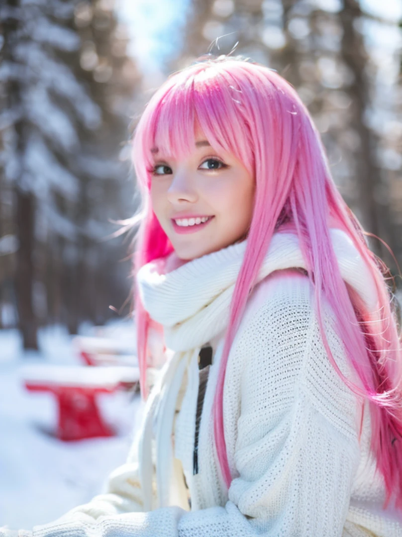 gamer girl, vibrant pink hair, long hair, white fringe, winter