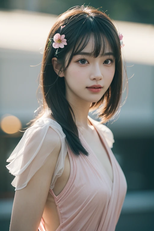 Oriental beauty, Light pink Tang suit, Textured skin（1.2）, high detal, By bangs, hair pin, There are flowers on the head, Pitch-black eyes, Slipped and laughed, romanticism lain, Background bokeh, Cinematic lighting effects, bangs, hairclip, rimless eyewear, flower on head, hollow eyes, grin, Romanticism, depth of field, cinematic lighting, motion lines, ray tracing, fading border, from above, f/1.2, UHD, 8K