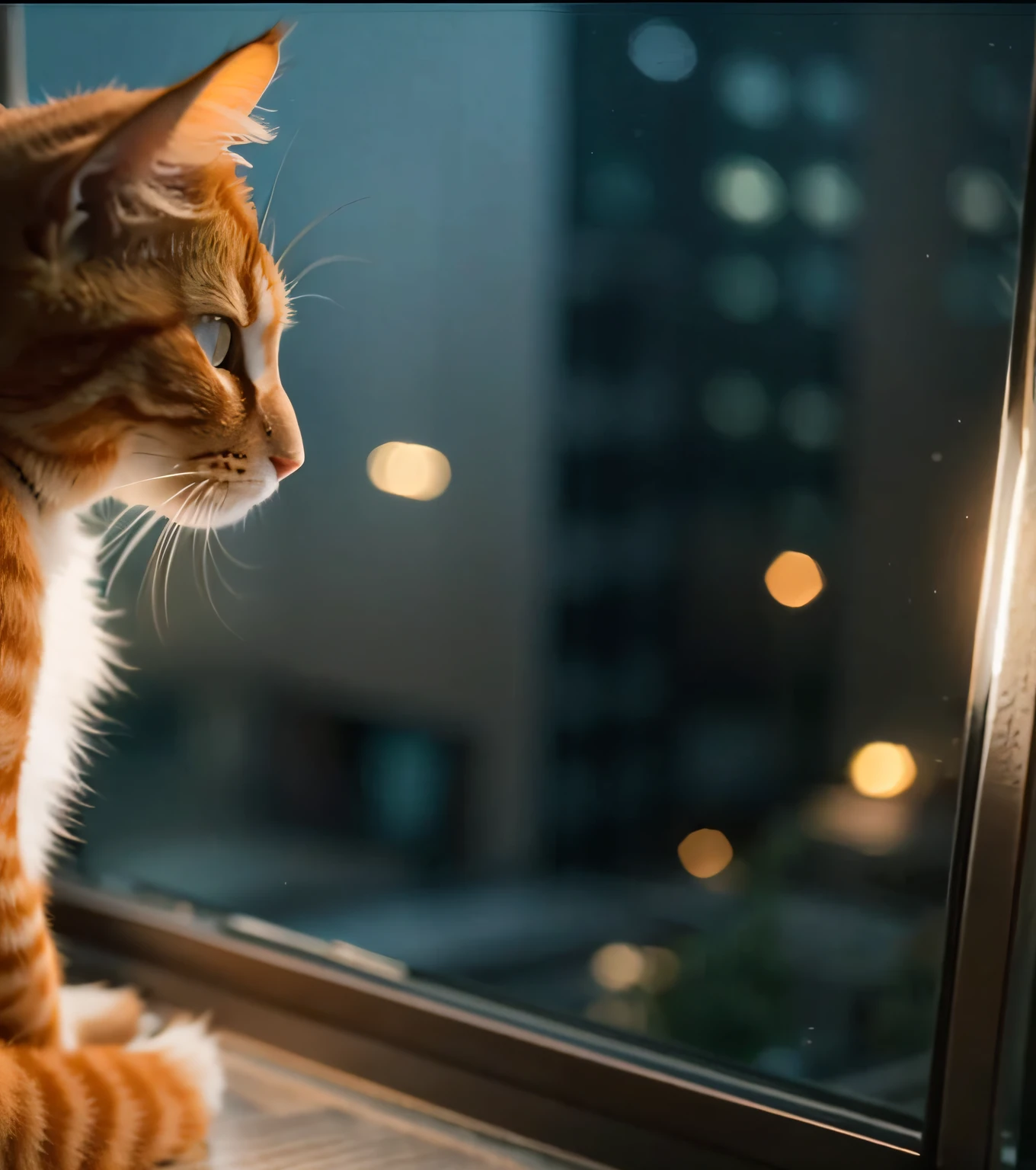 close-up photo, 80mm, f/1.8, bokeh, low exposure, ultra detailed, masterpiece: 1.3, sharp focus:1.5, photorealistic:1.3, (rear view), (ginger cat sitting on window sill), look outside window, outside window night city light, serene tranquility