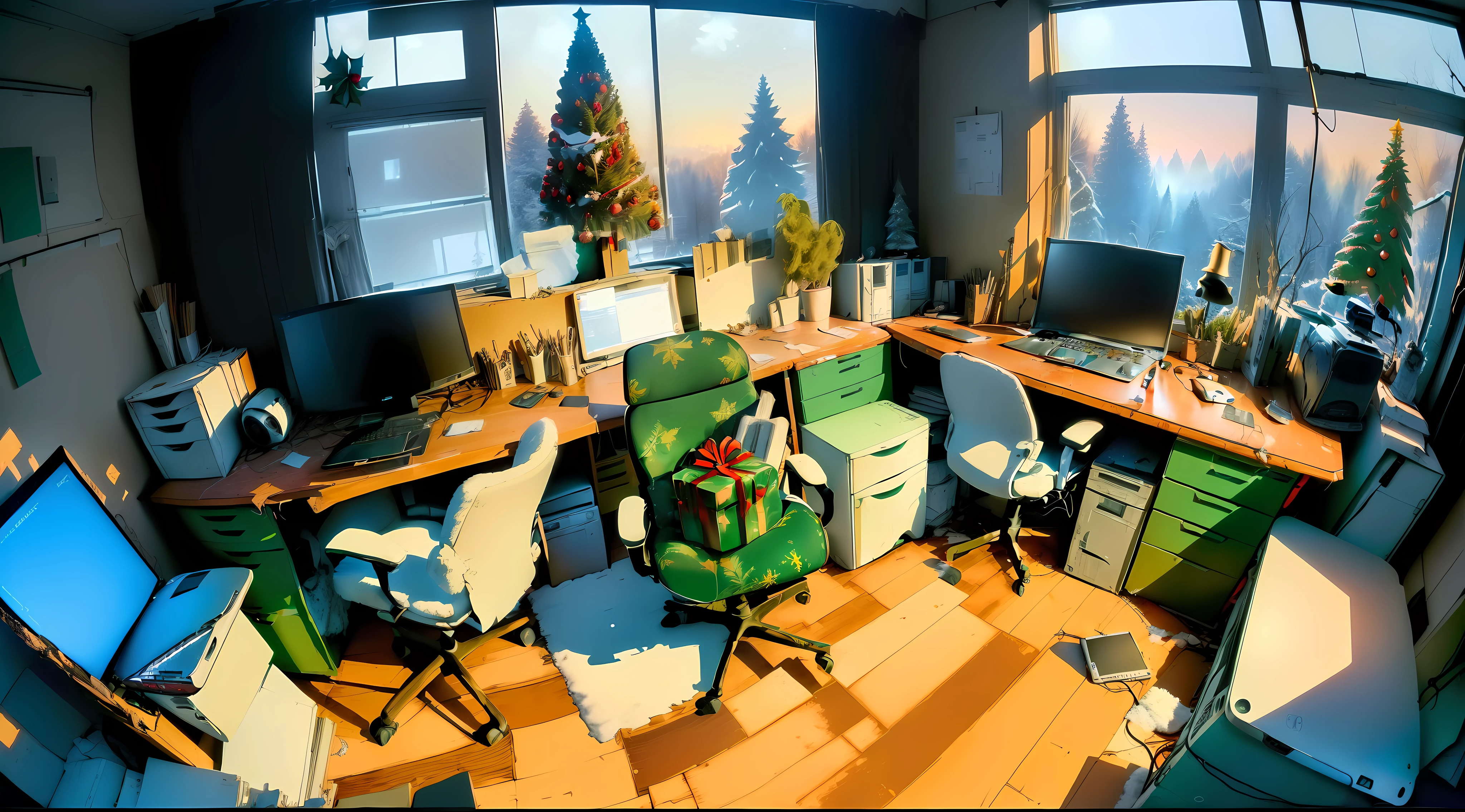 ((Ultra-detailed abandoned home office room in Christmas season with disorganized working laptop and )), ((ultra-detailed things)), ((well working chair)), ((red box Christmas gift)), (detailed clean work desk), with snow and Christmas tree, coding studio, programmer studio, 3 monitors, headphones, mouse, keyboard, coffee, perspective, fisheye, ultra-detailed