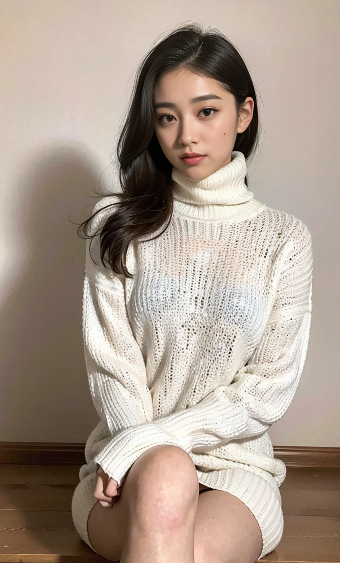 ulzzang -6500-v1.1, (Raw foto:1.2), (Photorealsitic:1.4), a beautiful detailed girl, extremely detailed eye and face, beatiful detailed eyes, Ridiculous, unbelievable Ridiculous, huge filesize, ultra-detailliert, hight resolution, ighly detailed, top-quality, masterpiece, Kemomimi, ((Bury your face in the turtleneck)), (((White turtleneck knit minidress))), illustratio, ighly detailed, nffsw, unification, 8k wallpaper, astonishing, finely detail, masterpiece, top-quality, Highly detailed ticker uniform 8K wallpaper, face lights、Cinematographic lighting、1girl in、sixteen years old、(witheout panties)、((dynamicposes)))、(camel's toe)、(half)、(Crooked knees and legs sitting))