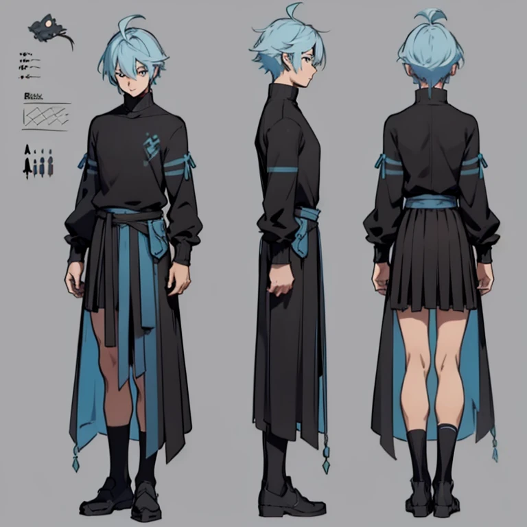 ((character concept art)), ((Character design sheet, same character, front, side)) Video game character design, Rolois,, , 1 FemBoy, ahoge, Bangs, black skirt, black sweater top, blue nails, blurry, closed mouth, long sleeves, pastel colors