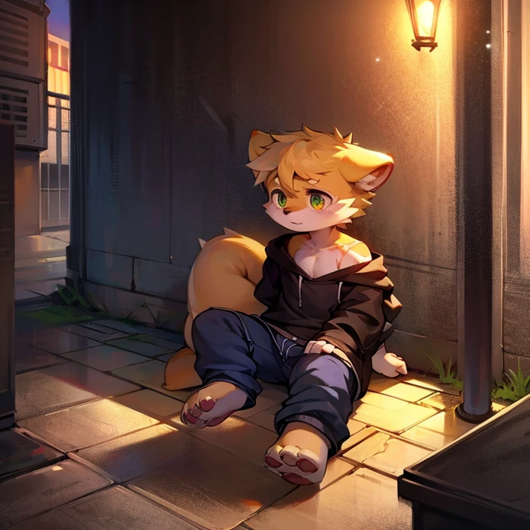 Dark style,male dog ears,shaggy,Curled up in a corner,In a dark and shabby alley,He was injured and bleeding,wear thin clothes. He looked around with vigilant eyes,the only person