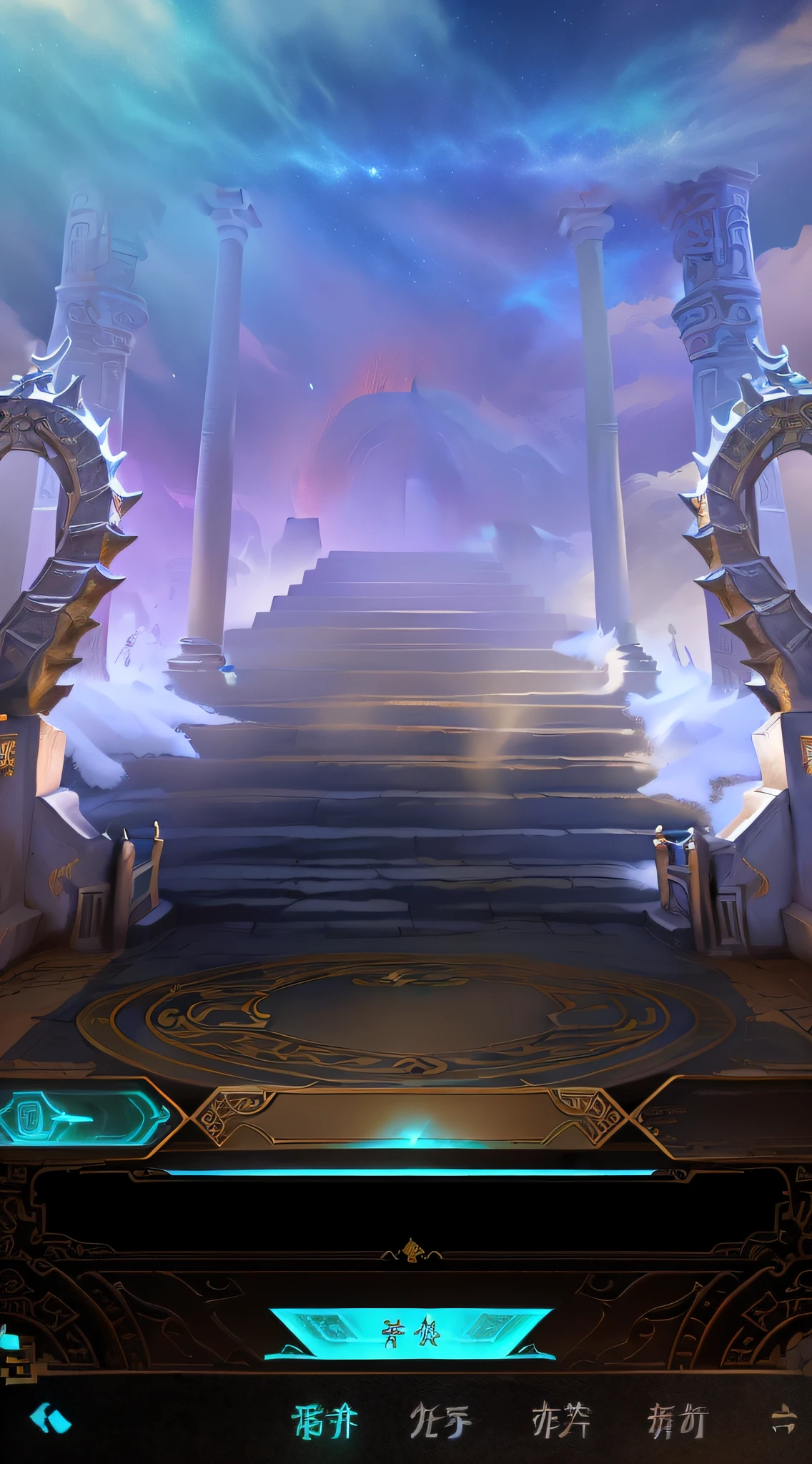 There  a photo of the big stage，There  a dragon statue on it,Mysterious temple setting, entrance to ethereal realm, Stunning mysterious background, starrysky,sky sky, background artwork, arte de fundo, ornate border + concept-art, palace background，South Heavenly Gate，china idol，steampunc，below the mechanical structure，The gears turn