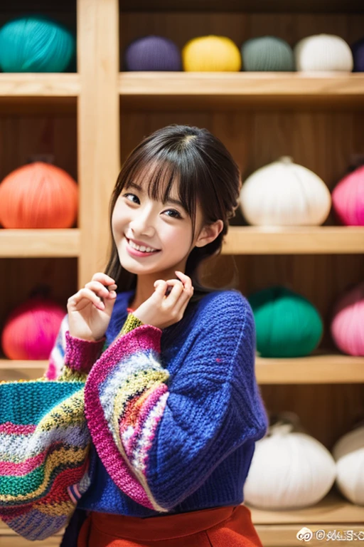 (realisitic、hight resolution:1.3),Best Quality, Girl VN01, 1girl in, (Smile:1.4) stunningly beautiful girl, Larger knitwear,Inside the store with an elegant interior, Colorful, Vivid colors, masutepiece, Best Quality, absurderes, Highest Quality, Amazing details, 8K, Aesthetic,A masterpiece of portrait photography taken with Fujichrome Astia,japanes