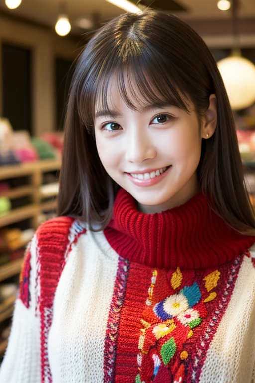 (realisitic、hight resolution:1.3),Best Quality, Girl VN01, 1girl in, (Smile:1.4) stunningly beautiful girl, Larger knitwear,Inside the store with an elegant interior, Colorful, Vivid colors, masutepiece, Best Quality, absurderes, Highest Quality, Amazing details, 8K, Aesthetic,A masterpiece of portrait photography taken with Fujichrome Astia,japanes