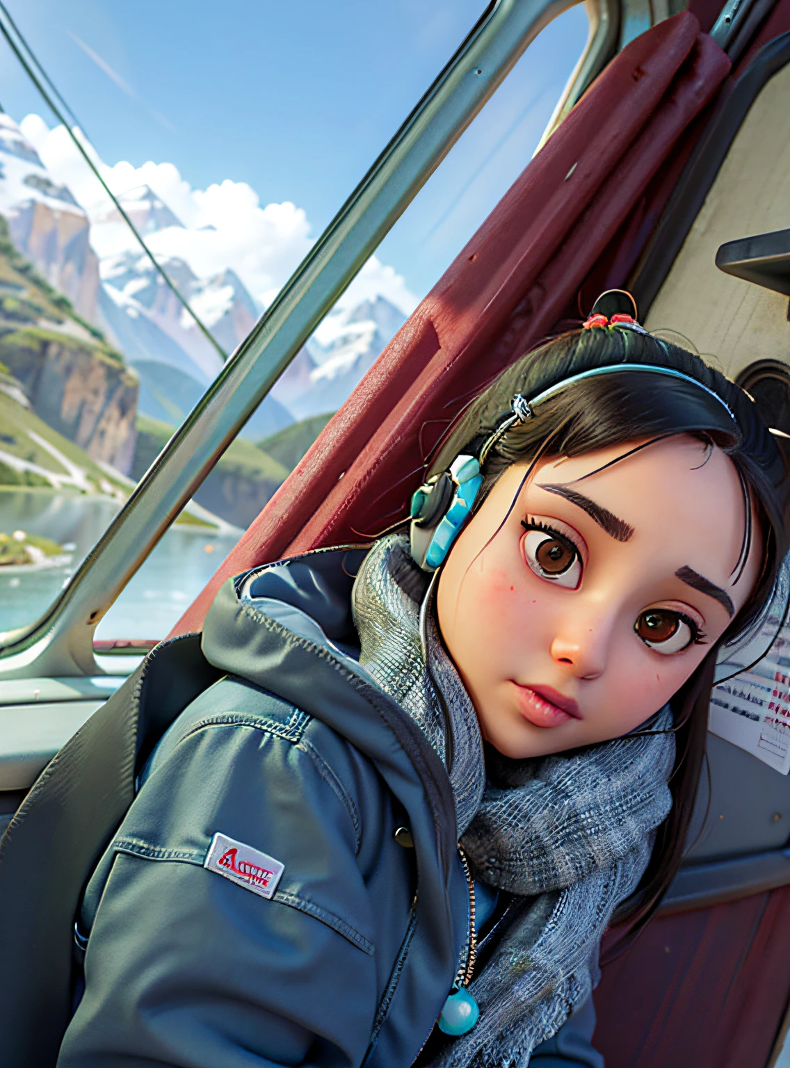 there a woman that sitting in a bus with a cell phone, young himalayan woman, nivanh chanthara, in mountains, beautiful young himalayan woman, 18 years old, without makeup, with mountains in the background, khyzyl saleem, beuatiful face, with mountains in background, very pretty face, very beautiful girl, beutiful face, oval face with sparkly eyes,Brown eyes,Wearing earphones in one ear,With little bangs coming on her eye,Plumpy lips,Looking towards camera