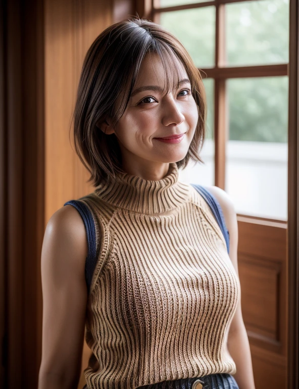 Enhanced dynamic perspective,((A MILF)),(((48yo))),(Wrinkles at the corners of the eyes:1.2),(Saggy udder),(Aging skin)、teacher, Flowing sweat, narrow shoulder,((Impossible sweater:1.3)), ((Sleeveless))、(((Shorts)))、see through,Look at me and smile, backgound,Works of masters,high quarity,4K resolution,super-fine,Detailed pubic hair,acurate,Cinematic lighting,Leaves the original facial proportions