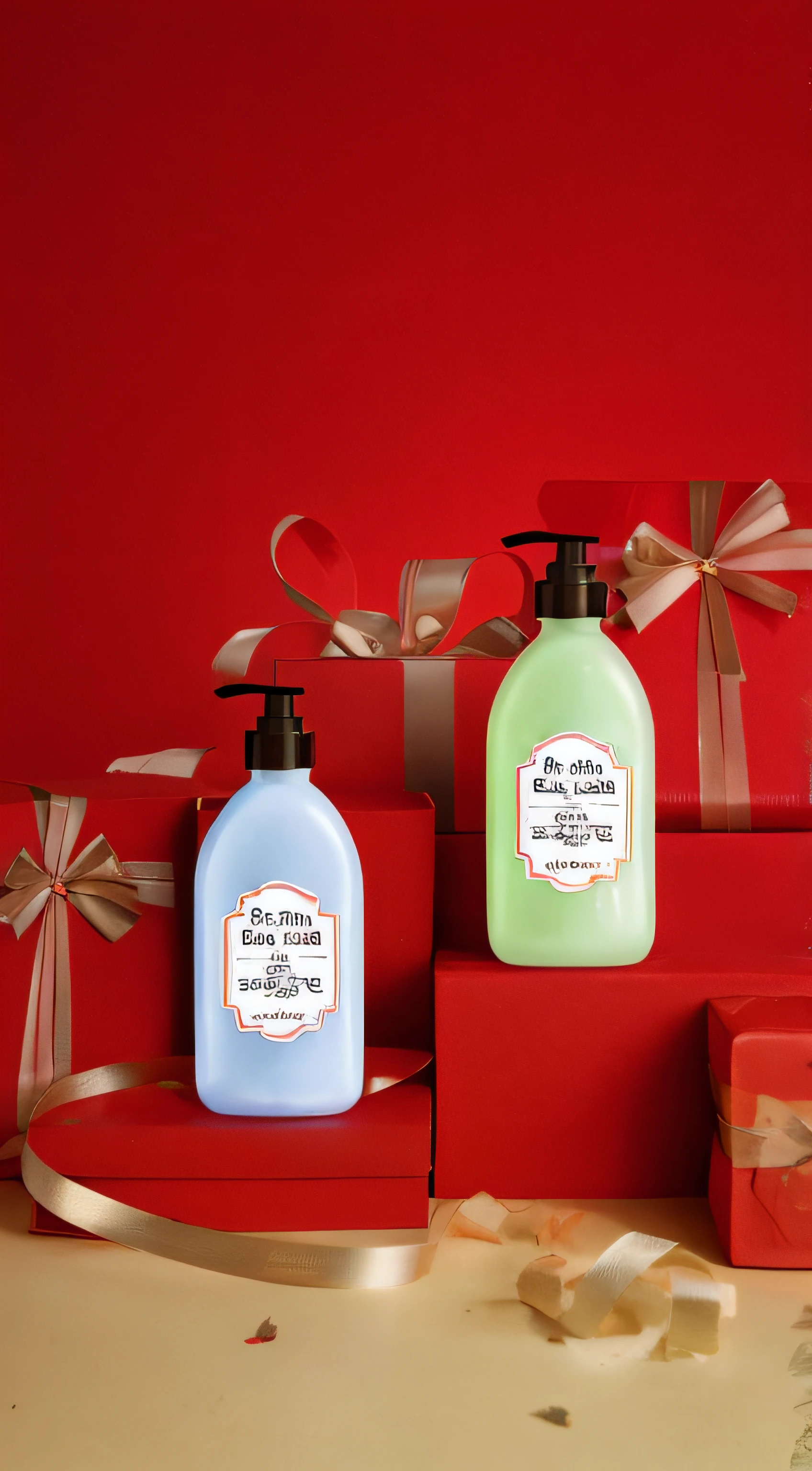 There are two bottles of soap in the red box, vacation, 😭🤮 💔, the are In the background, Handsome, gifts, extreamly cute, Skin glows、softness, 4l, designer, promotional images, designed for cozy aesthetics!, gifts, Be prepared, Product renderings, exceedingly, Okay, 8l, 8l, vintage glow, best seller, fotografia do produto