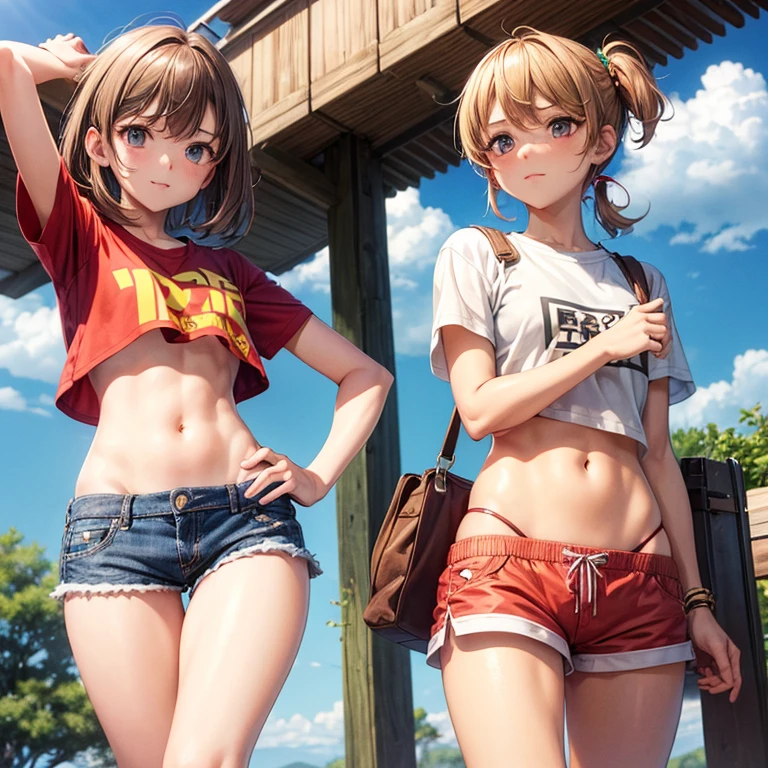 gals,got a sunburn,light brown hair,Genki,Short shirt,The navel is visible,Very short shorts