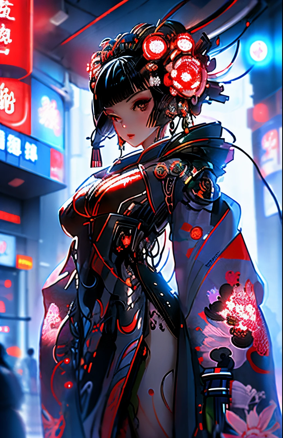 Game cover art:1.5), (perfect masterpiece:1.2), (best quality:1.2), highest quality, absurdres, 8k wallpaper, HDR, elaborate features, beautiful intricate eyes, ray tracing, perfect face, octane render, tits,, sexy lips,
(Super huge gigantic and massive tits, cleavage showing, gigantic bursting out of her outfit, wearing highly detailed Harajuku-inspired hooded kimono:1.1), breasts, official illustration, illustration, detailed face, titsnipples, butt, booty,1 girl, solo, cyberhanfu, long sleeves, chinese_clothes, in red and black, futuristic cyberpunk city, dynamic sexy seductive pose, japanese Headdress, Japanese hair ornament, very long black hair, geisha cyberpunk, a high-tech city, full of machinery and futuristic element, futurism, technology