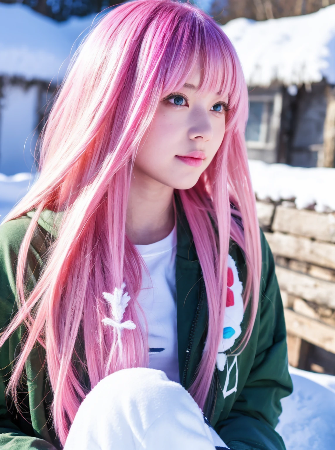 gamer girl, vibrant pink hair, long hair, white fringe, winter, snowfalkes