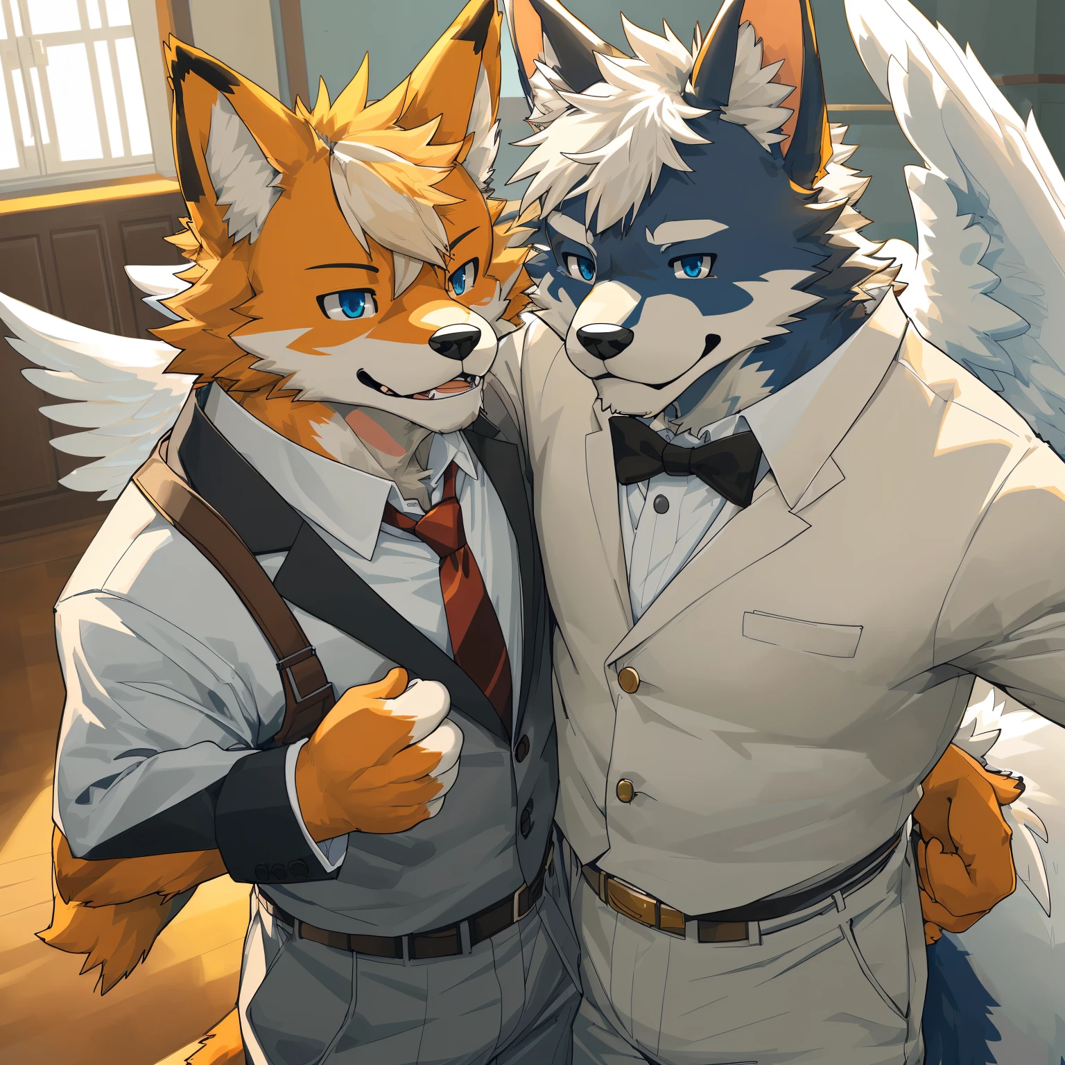 top quality, best quality, super high resolution, detailed background(highly detailed beautiful face and eyes)absurdres, perfect ???????(angelic nice 2boy, kemono, suit)(furry)(furry anthro:1.7)(Furry body, dog facial features, dog body features)(very detailed body fur)Top executives shake hands on the achievement of the project,, smile, portrait, high resolution, hyper realistic,
