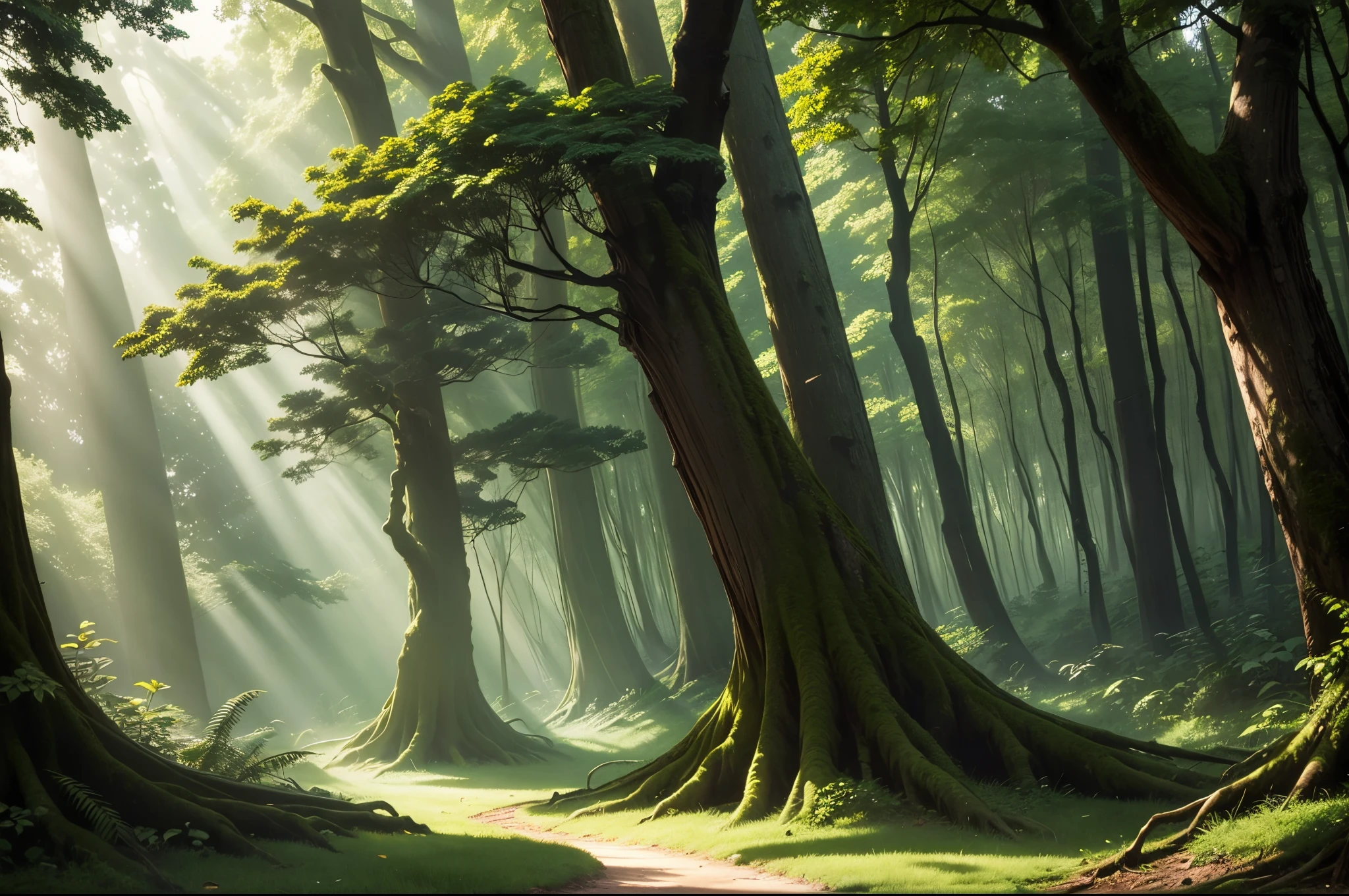2D, A lush green forest with tall, majestic trees and sunlight filtering through the leaves, creating a dappled effect on the forest floor.