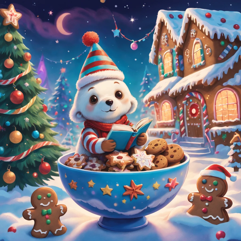 Best quality at best, 8K, A high resolution, tmasterpiece:1.2), ultra - detailed, (actual, realistically:1.37), vibrant with colors, magical ambiance, Whimsical, Sparkling，Fantasy Christmas World, themoon，(Snowy night in Christmas town)，((The middle of the picture，Cute little polar bear wearing a Christmas hat holding a book and a bag of cookies, Pour biscuits into bowl，The chocolate bird lands on the gingerbread man&#39;s head，Christmas elements))，((Christmas tree，Confectionery，Cane sugar，Christmas gifts)), and decorations, Cute design style, natta，Skysky，moon full，Shown in this beautiful scene, vibrant with colors, Surreal, Psychedelic, Complicated details, Beautiful texture, Ethereal, like a dream, Soft glowing light, Charming Patterns, fantastical creature, Hidden surprises, dreamlike landscapes, Surreal color palette, Mystic aura, hyper realisitc, Enchanting journey, psychedelic trip, vivid imagination, immersive experience, mysterious creature, otherworldly charm, glowing paths, Light up a dreamy and beautiful Christmas, surreal sky, Whimsical Christmas elements, a magical encounter, Fascinating artwork