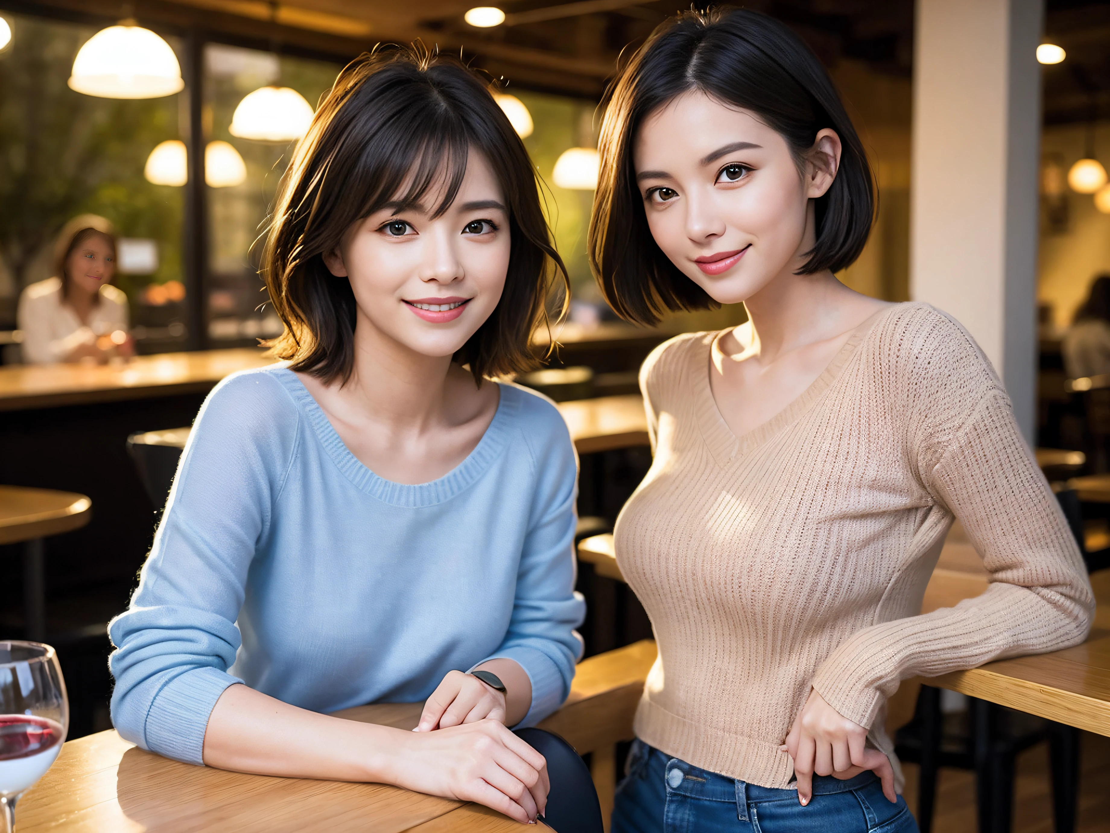 (64k uhd、nffsw、top-quality、masterpiece:1.2)、(realisitic、Photorealsitic:1.37)、ultra-detailliert、wine glasses、enjoying a glass of wine、a matural female、Two beautiful women、(Slim Faces)、(Slim body)、(brawn hair)、(short-cut)、smiling french woman、happy italian girl、British woman、fun american、blush a little on the cheeks、(38 years)、40 years、red wine、A beautiful and detailed night view spreads out outside the window.....、resturant、Wine glasses in a prominent place、natta、(from waist up)、sitting on、date、(A smile:1.15)、Beautiful detailed eyes、Cashmere sweater、long-sleeved dresses、japanes、(short-hair:1.2)、Float NovaFrogStyle、、modeled、from waist up、white wine、Slimed、wine glasses、Super beautiful night view、Put the wine glass in the middle、Happy smile、(8K、Raw photography、top-quality、masterpiece:1.2)、(realisitic、Photorealsitic:1.37)、ultra-detailliert、超A high resolution、2 females、see the beholder、beautifull detailed face、A smile、Constriction、(Slim waist) :1.3)、knit shirt、Beautiful detailed skin、Skin Texture、floated hair、professional light needle breast、eyes gentle