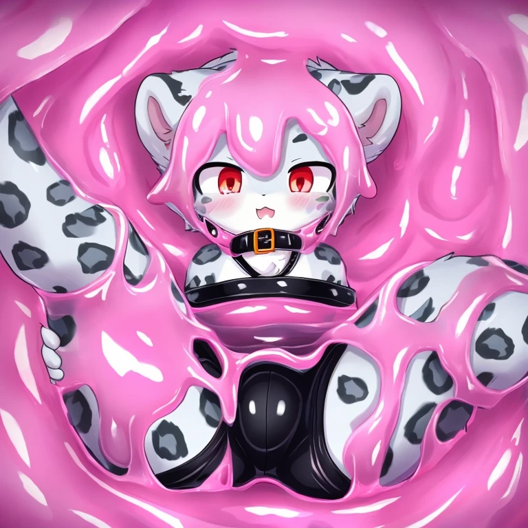 A small male snow leopard wearing black boxers,Dive into pink slime,into the slime,((Thighs covered with pink mucus)),slimes,Slime falls on the little snow leopard'body,Red pupils,collars