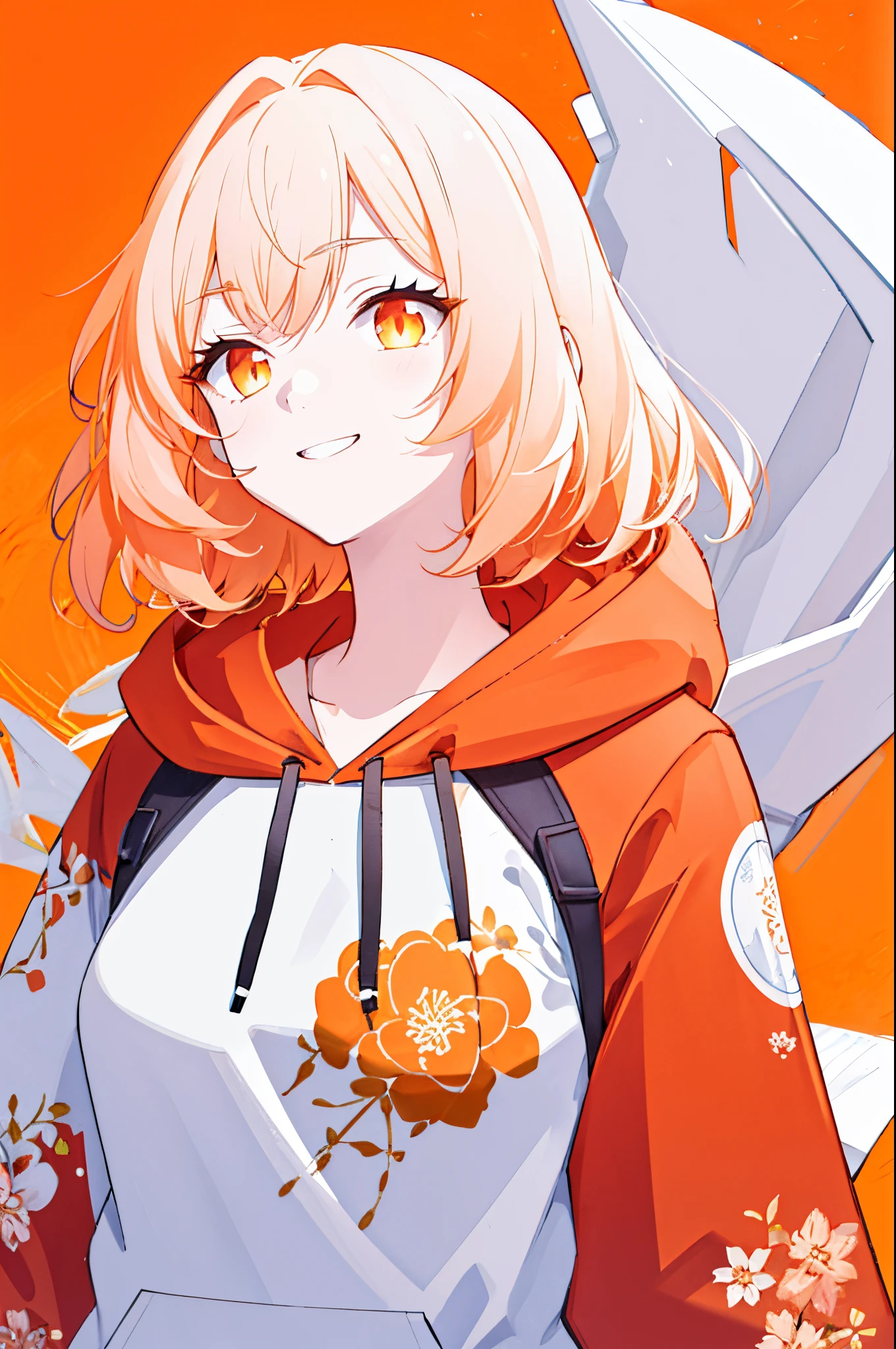 tmasterpiece, Best quality at best, A high resolution, sportrait, 1个Giant Breast Girl, Alone, short detailed hair, looking at viewert, Colorful hair, orange color hair, White hair, Blue hair, woven, By bangs, Orange eyes, Striped hair, little breast, nedium breasts, long sleeve hoodie:1.4), Background with, Orange background, Be red in the face, ssmile, floral print on hoodie,
