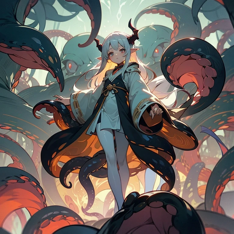A young girl, with poor milk, with golden eyes burning like flames, little pointy ears like fairies, long pure white hair blowing in the wind, black dragon horns on her head, a sorcerer's dress, a wide robe sleeve covering her hands, a golden pattern at the edge of the robe, and a black dragon tail behind her, Blood-red tentacles protrude from the sleeves of his clothes, Behind the girl was the shadow of a Cthulhu god, and nearby there were a large number of dense tentacles with eyes and flames flying around the girl