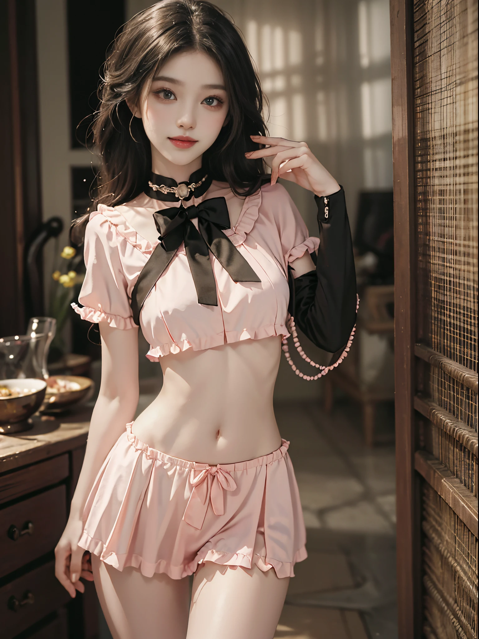 pink bow, shirt,skirt,sailor collar,midriff,, fashi-girl, ((cowboy shot)), A beautyful girl, a young female model, Random pose, posing elegantly, visually appealing, tmasterpiece, (Best quality at best, 4K, 8K, A high resolution, tmasterpiece:1.2), a warm color palette, ultra - detailed, Ultra-fine painting, delicated face, long slim figure, slim, largeeyes, pretty eyes, Hefty Smile, Random shooting angle, Random scenes