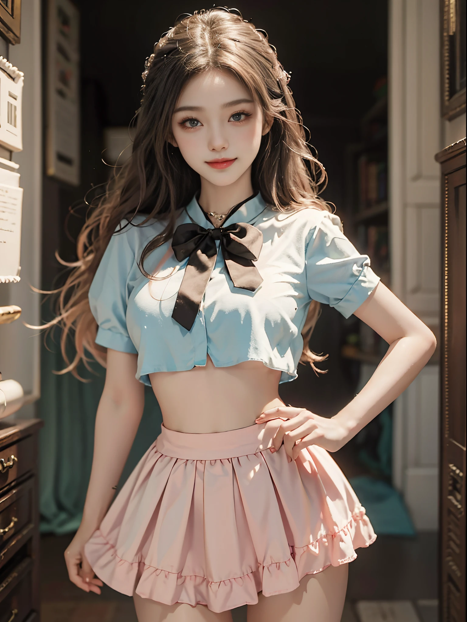 pink bow, shirt,skirt,sailor collar,midriff,, fashi-girl, ((cowboy shot)), A beautyful girl, a young female model, Random pose, posing elegantly, visually appealing, tmasterpiece, (Best quality at best, 4K, 8K, A high resolution, tmasterpiece:1.2), a warm color palette, ultra - detailed, Ultra-fine painting, delicated face, long slim figure, slim, largeeyes, pretty eyes, Hefty Smile, Random shooting angle, Random scenes