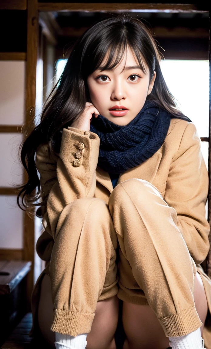 ulzzang -6500-v1.1, (Raw foto:1.2), (Photorealsitic:1.4), a beautiful detailed girl, extremely detailed eye and face, beatiful detailed eyes, Ridiculous, unbelievable Ridiculous, huge filesize, ultra-detailliert, hight resolution, ighly detailed, top-quality, masterpiece, Kemomimi, ((bury your face in your scarf)), (((Japan schoolgirl uniform))), illustratio, ighly detailed, nffsw, unification, 8k wallpaper, astonishing, finely detail, masterpiece, top-quality, Highly detailed ticker uniform 8K wallpaper, face lights、Cinematographic lighting、1girl in、sixteen years old、(witheout panties)、((dynamicposes)))、(camel's toe)、(half)、(Crooked knees and legs sitting))