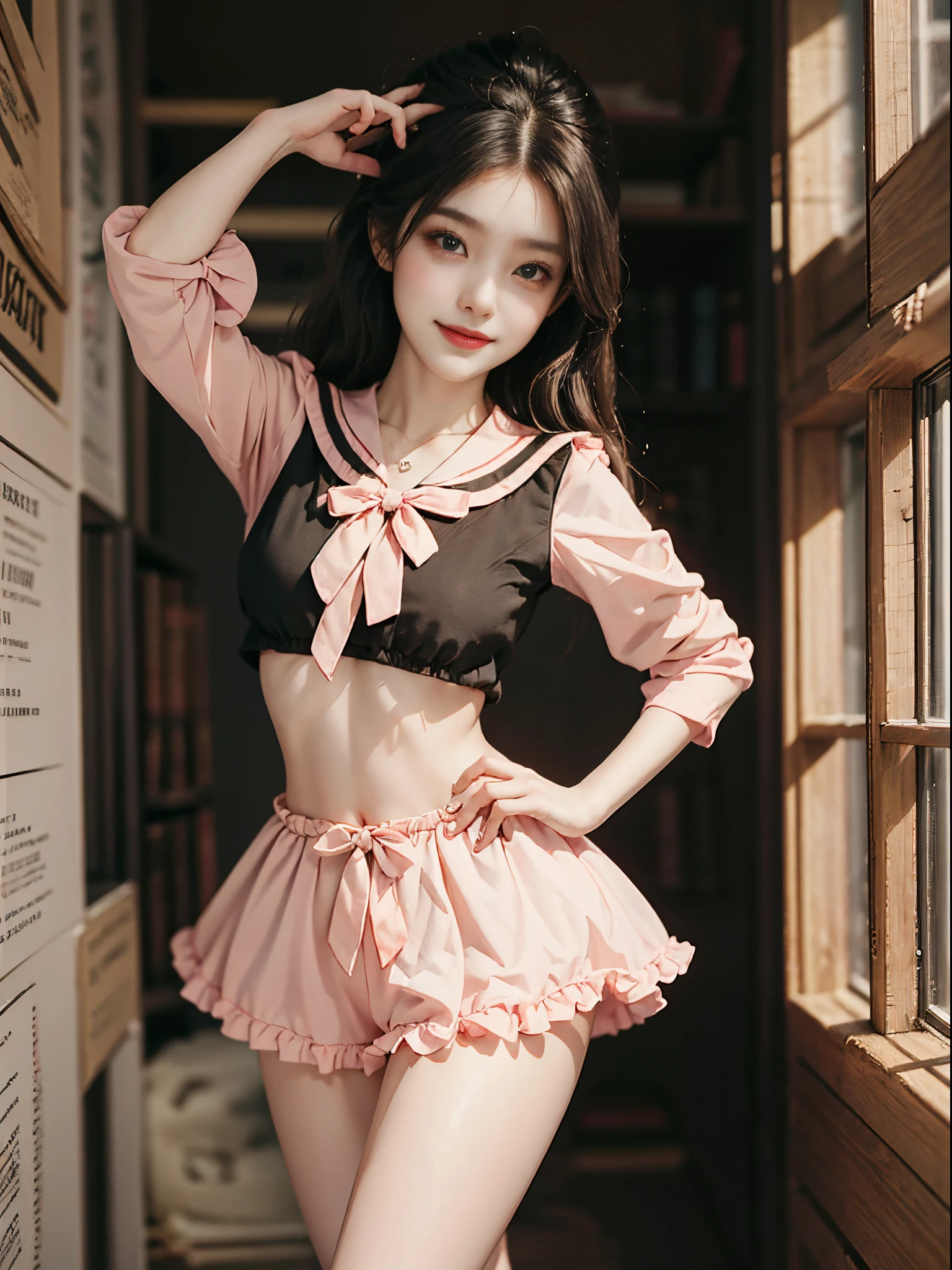 pink bow, shirt,skirt,sailor collar,midriff,, fashi-girl, ((cowboy shot)), A beautyful girl, a young female model, Random pose, posing elegantly, visually appealing, tmasterpiece, (Best quality at best, 4K, 8K, A high resolution, tmasterpiece:1.2), a warm color palette, ultra - detailed, Ultra-fine painting, delicated face, long slim figure, slim, largeeyes, pretty eyes, Hefty Smile, Random shooting angle, Random scenes