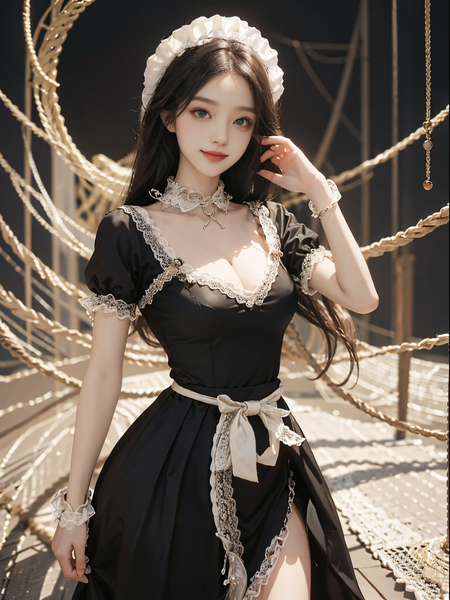 Special clothes39,maid, fashi-girl, ((cowboy shot)), A beautyful girl, a young female model, Random pose, posing elegantly, visually appealing, tmasterpiece, (Best quality at best, 4K, 8K, A high resolution, tmasterpiece:1.2), a warm color palette, ultra - detailed, Ultra-fine painting, delicated face, long slim figure, slim, largeeyes, pretty eyes, Hefty Smile, Random shooting angle, Random scenes