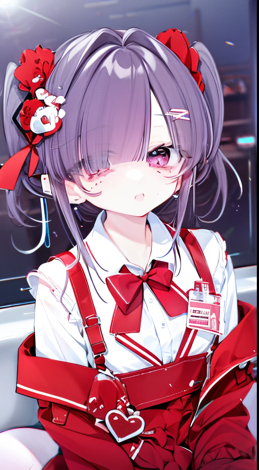 best quality, ame-chan, masterpiece, 1girl, solo, small breasts, cowboy shot, suspenders, red shirts, black ribbon