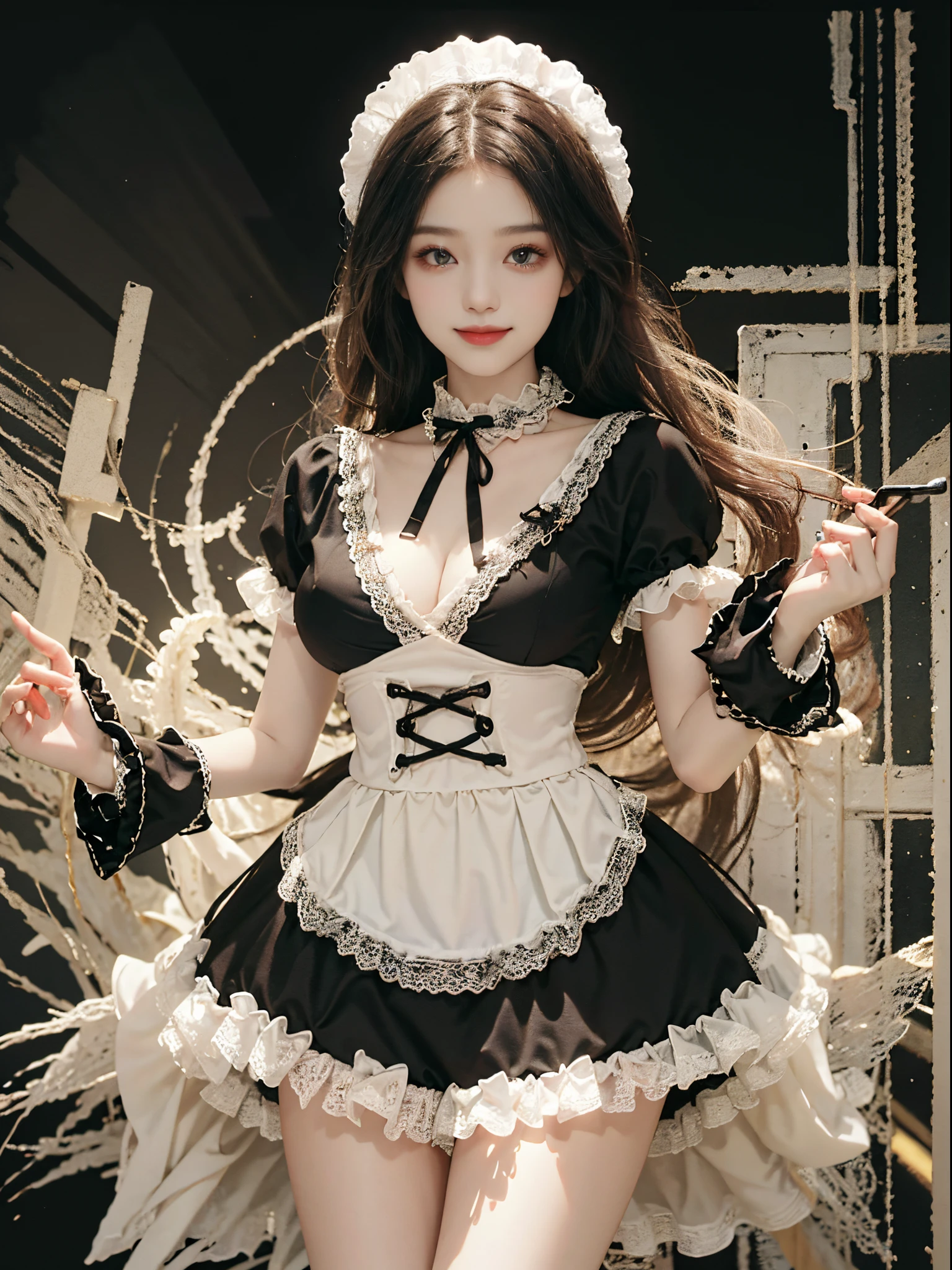 Special clothes39,maid, fashi-girl, ((cowboy shot)), A beautyful girl, a young female model, Random pose, posing elegantly, visually appealing, tmasterpiece, (Best quality at best, 4K, 8K, A high resolution, tmasterpiece:1.2), a warm color palette, ultra - detailed, Ultra-fine painting, delicated face, long slim figure, slim, largeeyes, pretty eyes, Hefty Smile, Random shooting angle, Random scenes