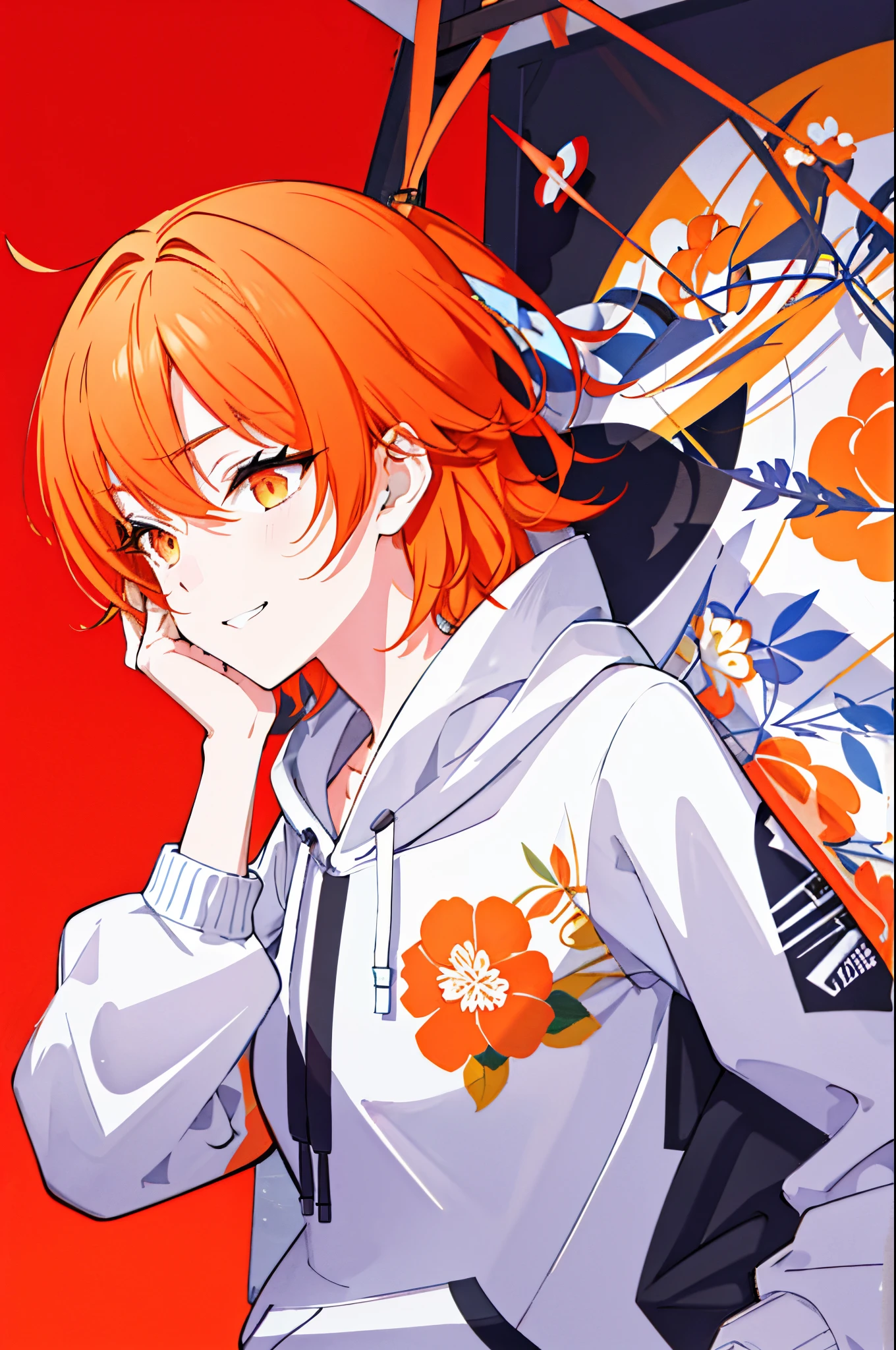 tmasterpiece, Best quality at best, A high resolution, sportrait, 1个Giant Breast Girl, Alone, short detailed hair, looking at viewert, Colorful hair, orange color hair, White hair, Blue hair, woven, By bangs, Orange eyes, Striped hair, little breast, nedium breasts, long sleeve hoodie:1.4),  Background with, Orange background, Be red in the face, ssmile, floral print on hoodie,
