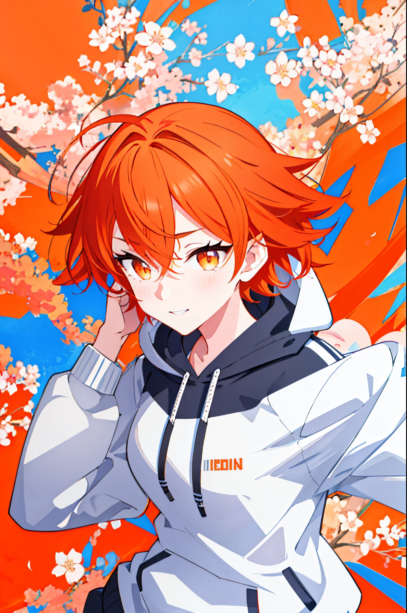 tmasterpiece, Best quality at best, A high resolution, sportrait, 1个Giant Breast Girl, Alone, short detailed hair, looking at viewert, Colorful hair, orange color hair, White hair, Blue hair, woven, By bangs, Orange eyes, Striped hair, little breast, nedium breasts, long sleeve hoodie:1.4), Background with, Orange background, Be red in the face, ssmile, floral print on hoodie,