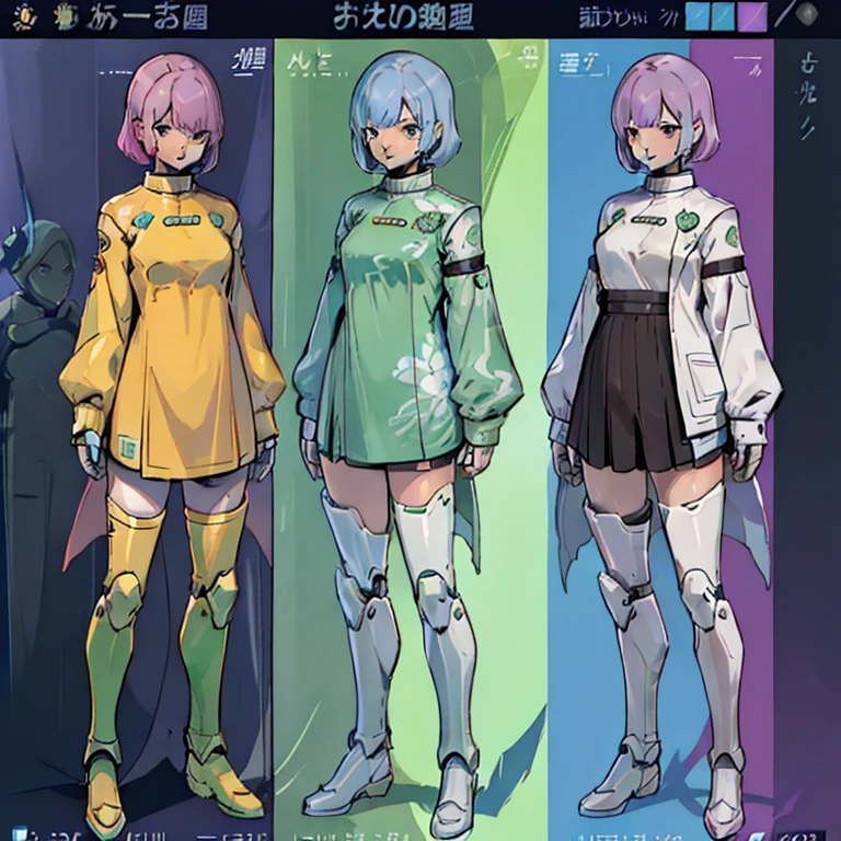 ****** girl, robot horse,Type sheet, Character Sheets, Three types，Shot Full Body，Game Character Design，((Character information)、(Chara Leaf)、Type sheet, Character Sheets, Three types，Shot Full Body，((Character design sheet, same character, front, side)) Video game character design, pastel colours, Detailed Face