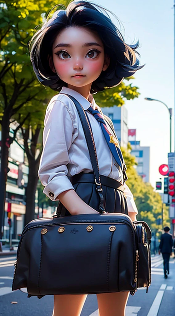 a cute girl,masterpiece, best quality,short black hair, high quality, outdoors,tokyo street, looking at viewer, cowboy shot, wearing school uniform,schoolbag,"child",school uniform,