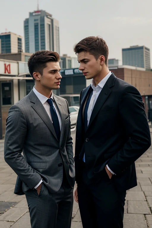 hansom young men in heated discussion wearing business style clothes with urban background