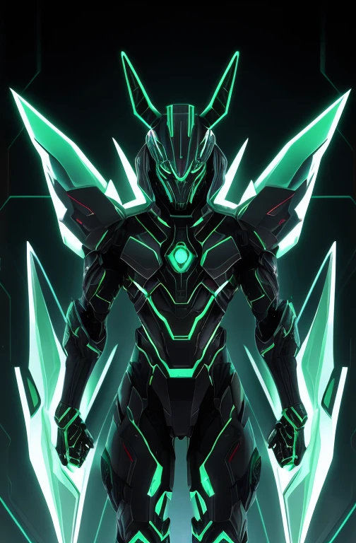 hologram humanoid, green colored, short horns, anubis, dark background, high contrast, red highlights, mechanical. blue energy blades along arms, full body,