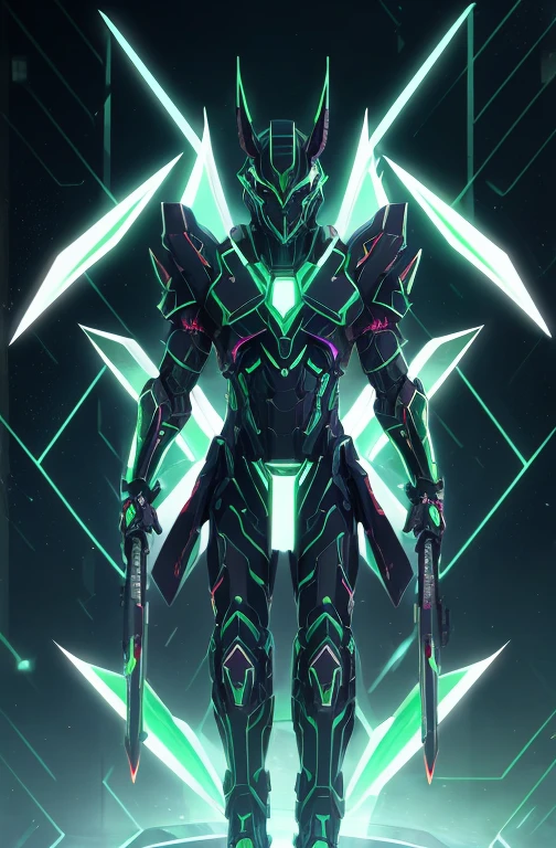 hologram humanoid, green colored, short horns, anubis, dark background, high contrast, red highlights, mechanical. blue energy blades along arms, full body,